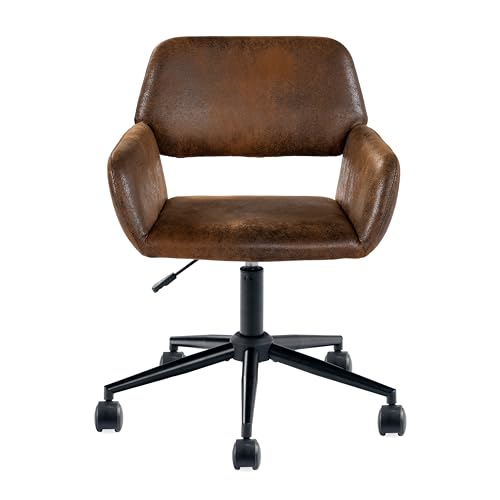 39F Furniture Dream Comfy Office Chair, Brown Leather Desk Chair with Arms, Adjustable Study Chair with Wheels for Home Office, Bedroom and Workspace