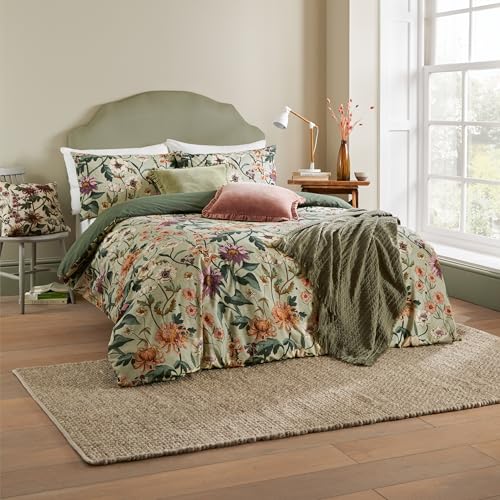 Wylder Nature Wallflower Botanical Duvet Cover Set – Vintage Botanics Linen Look (Celadon Green – King (U.K. Standard))