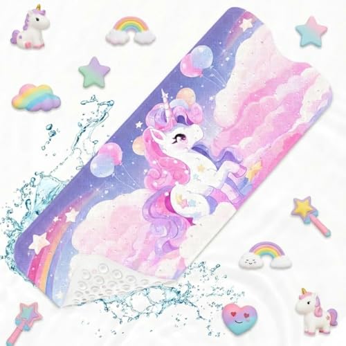 Culudea Cute Unicorn Rainbow Bathtub Shower Mat Pink Purple Clouds Non-Slip Tub Mat Extra Long Bath Floor Mats 40X16 Inch Machine Washable for Bathroom Tub Bath Mat for Toddler and Baby