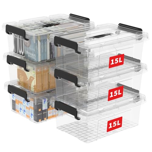 Cetomo 15L*6 Storage Boxes, Carry Plastic Storage Box with Lids, Clear Organizing Container with Handle and Secure Latches, Nestable & Stackable Tote Box for Home Office, 15L-6 Pack, Transparent