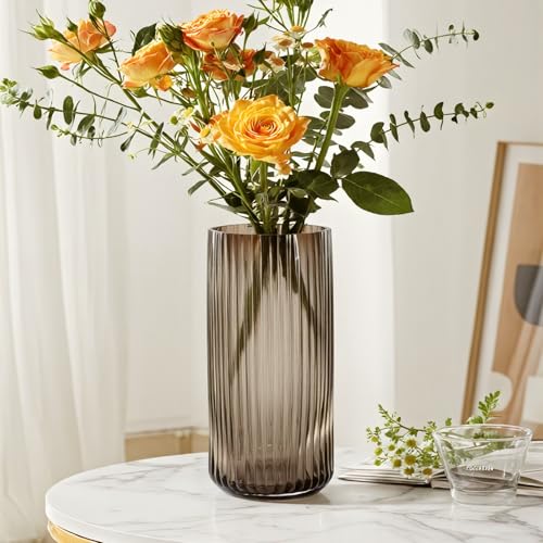GarDream 11 Inches Tall Amber Ribbed Vase for Flowers, Glass Vase for Centerpieces, Dining Table, Countertops, Entryway, Thick Decorative Vases for Home Decor, Living Room, Kitchen, Bedroom, Office