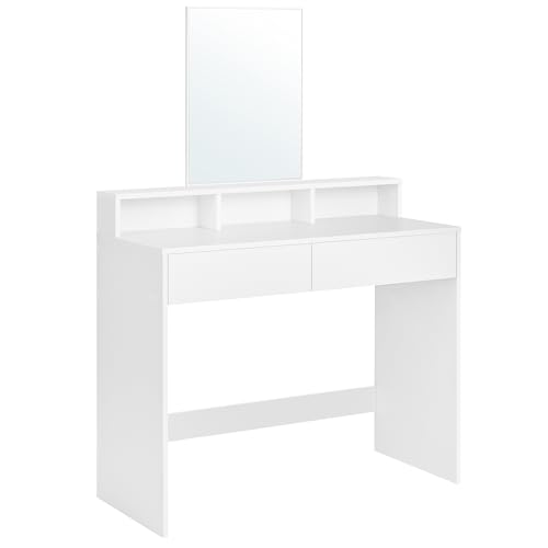 VASAGLE Modern White Makeup Vanity, Dressing Table with Large Mirror, 2 Drawers & 3 Compartments, 40 x 100 x 140 cm