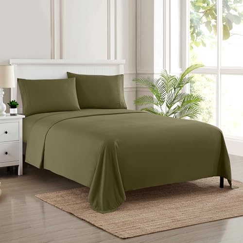 Sweet Home Collection Luxury Bedding Set with Flat, Fitted Sheet, 2 Pillow Cases, Find Double Brushed Microfiber, Olive, King