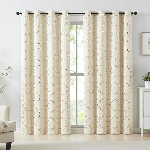 "Purainbow Beige Blackout Curtain Panels for Bedroom 84"" Gold Foil Moroccan Metallic Print Energy Efficient Drapes for Bedroom Living Room, Thermal Insulated Window Treatments Grommet Top 2 Panels"