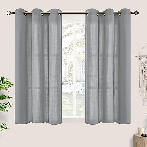 BGment Grey Short Linen Sheer Curtains for Office, Grommet Semi Sheer Light Filtering Casual Textured Privacy Curtains for Bedroom/Living Room, 2 Panels (Each 42 x 45 Inch, Grey)