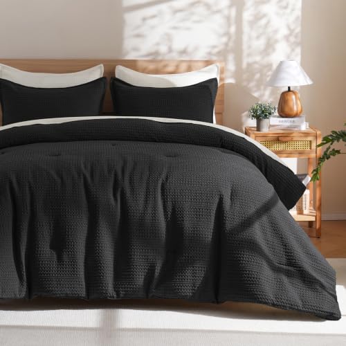 PHF Soft Waffle Comforter Set Queen Size- Comfy Breathable Waffle Weave Comforter with 2 Pillow Shams, 3 Pieces Less Snagging Lightweight Textured Bedding Set for All Season, Black