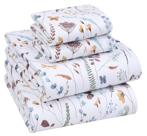 "RUVANTI 100% Cotton Full Size Bed Sheets, 4 Pieces, Soft & Breathable Percale Weave Bedding, Deep Pocket 16"", Hotel Standard, Crisp Cool Feel, Durable, Perfect Sheet Set Floral, Fern Class"