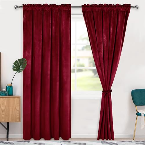 Hiasan Red Velvet Curtains 84 inches-Blackout Thermal Insulated Solid Soft Curtains for Bedroom Living Room Rod Pocket Room Darkening 2 Panels Window Drapes with Tiebacks, 60W x 84L
