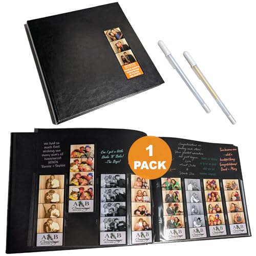 Photo Booth Nook - Photo Booth Album (1 count) - Black Cover - 40 Black Pages - 160 Slots for 2x6 Photo Strips - 2x6 Cover Picture Slot - Silver and Gold Gel Pens