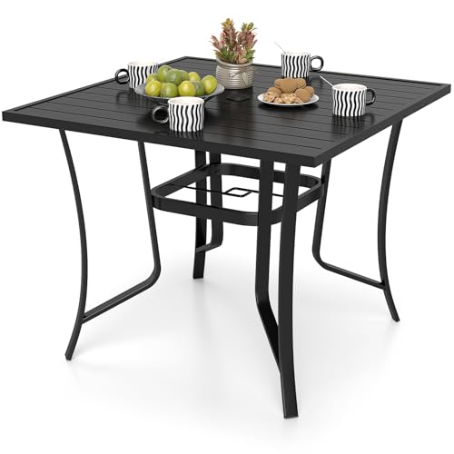 GiantexUK Outdoor Dining Table for 4, Square Metal Slat Table with Adjustable Umbrella Hole, 91 x 91 cm Weatherproof Bistro Table for Garden Patio Backyard Poolside
