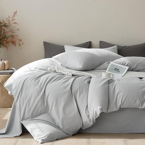 JELLYMONI 100% Cotton Full Duvet Cover Set, Washed Linen-Like Texture - Pre-Shrunk, with Natural Wrinkles, Wide Zipper Opening, Colorfast,8 Reinforced Ties,1 Duvet Cover&2 Pillowcases