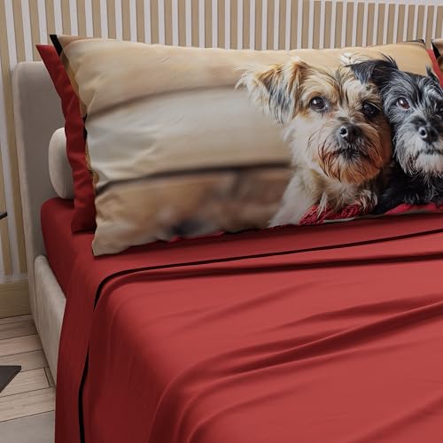 PETTI Artigiani Italiani - Animal Bed Linen with Dogs in Cotton with Pillowcases in Digital Print, Single Bed Sheet, Red Single Bed Set, 100% Made in Italy