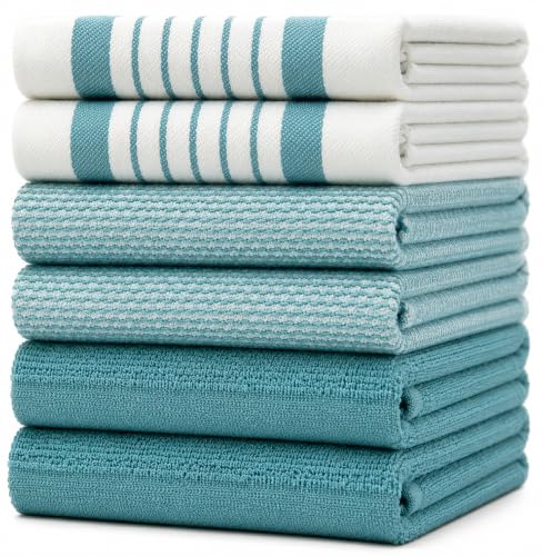 Premium Kitchen Towels (20”x 28”, 6 Pack) – Large Cotton Kitchen Hand Towels – Flat & Terry Towel – Highly Absorbent Tea Towels Set with Hanging Loop (Aqua)