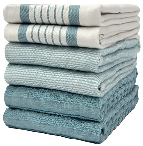 Premium Kitchen Towels (20”x 28”, 6 Pack) – Large Cotton Kitchen Hand Towels – Flat & Terry Towel – Highly Absorbent Tea Towels Set with Hanging Loop (Aqua)