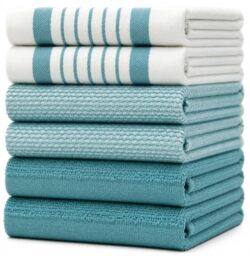 Premium Kitchen Towels (20”x 28”, 6 Pack) – Large Cotton Kitchen Hand Towels – Flat & Terry Towel – Highly Absorbent Tea Towels Set with Hanging Loop (Aqua)