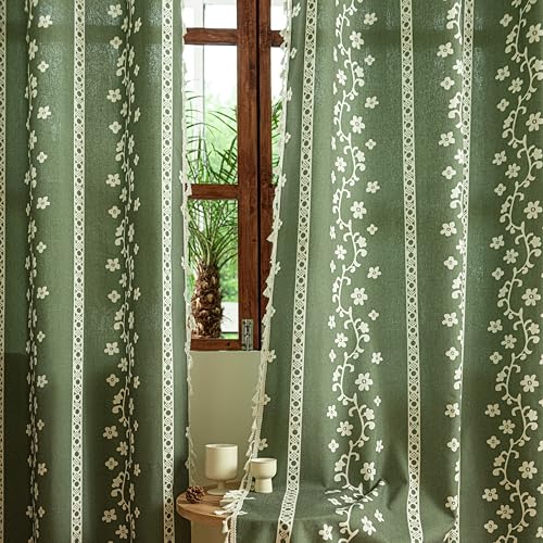 "Sutuo Home Boho Curtains for Living Room Bedroom 63 inches Long 2 Panels, Bohemian Semi Blackout Christmas Decor Linen Country Classical Grommet Tassels Window Treatment 52"" W x 63"" L Olive Green"