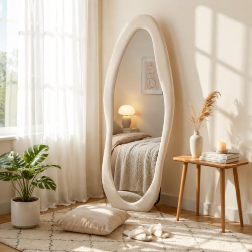 Clevich Irregular Wavy Full Length Mirror 160x60cm, Floor Standing Mirror with Stand, Wall Mounted, Ivory White Flannel Frame, HD Shatterproof Nano Glass, for Bedroom Living Room