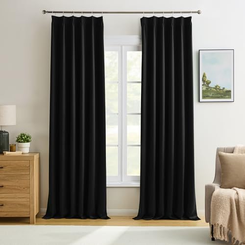 KEQIAOSUOCAI Black Curtains Blackout 104 Inches Long, Luxury Faux Silk Polyester Pinch Pleated Thermal Insulated Black Out Curtains with Hooks for Bedroom Living Room Home Office 40x104