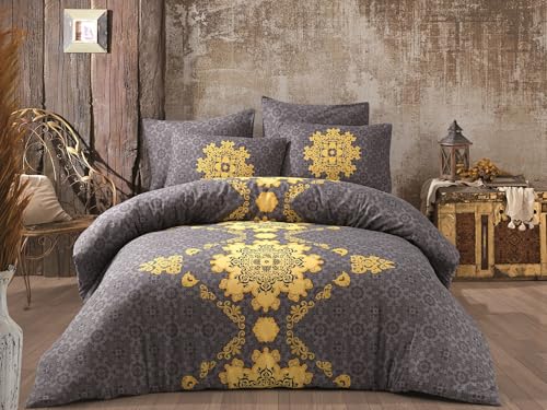 Nuit Des Rêves Double Quilt Cover Set (200 x 200 cm), Yellow & Anthracite, 50% Cotton/50% Polyester, Includes 2 Pillowcases (80 x 80 cm), Machine Washable at 40°C