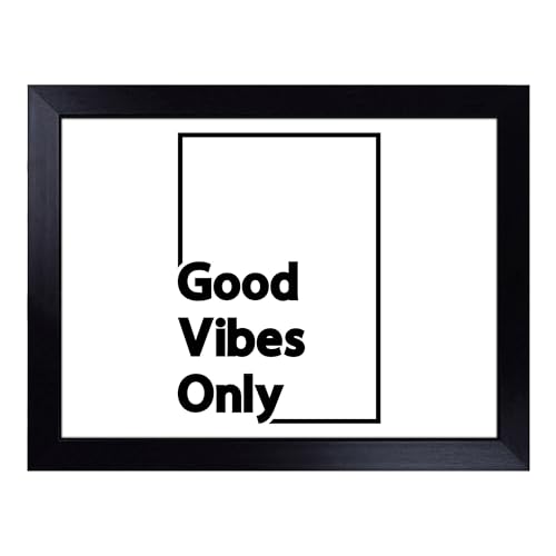 Lap Tray with Bean Bag Cushion, Good Vibes Only Black Border Typography - Handmade in the UK, Raised Wooden Edge, Padded Cushion, Heat-Resistant Wipe-Clean Surface, for Meals, Laptops and Crafts