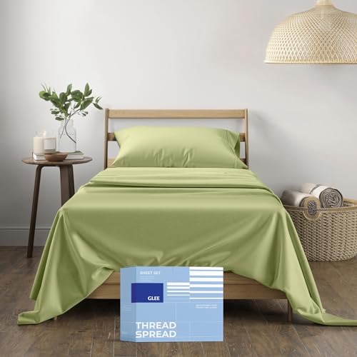 "THREAD SPREAD Egyptian Cotton Sheets Twin Size - Luxury 400 Thread Count 100% Cotton Twin Sheets Set (3 PC, Sage Green), Silky Soft, Cooling & Breathable Sateen Weave 16"" Deep Pocket Bed Sheet Set"