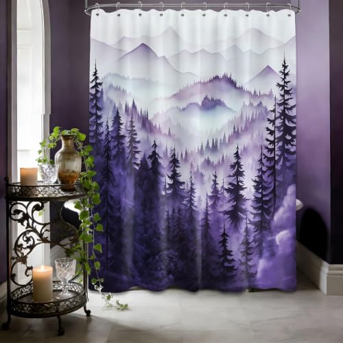 QGHOT Foggy Mountain Shower Curtain, Nature Woodland Forest Cabin Shower Curtains for Bathroom Waterproof Pine Tree Bathroom Decor for Men, Polyester Fabric with Hooks (Purple,60''W x 72''L)