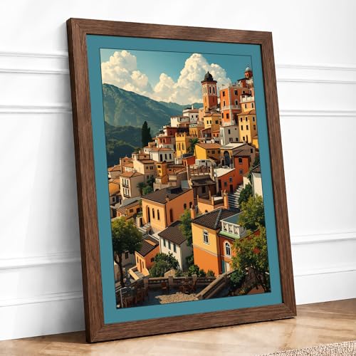 Hillside Village in Ochre Scenic & Cityscapes Framed Print A2 Walnut - Ready to Hang, Premium Gicl??e Paper, Fade-Resistant Inks, Securely Packaged, UK Made
