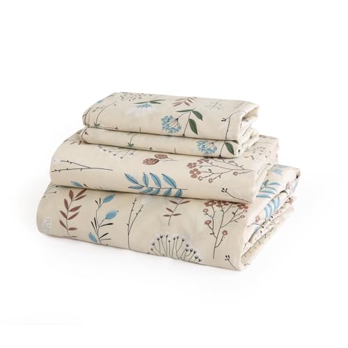 JSD Beige Boho Floral Cotton Sheet Set Twin Size, 300 TC Printed Sateen Bed Sheets Deep Pocket, Soft Breathable Wrinkle Free
