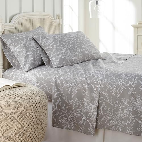 "Southshore Fine Living, Inc. Winter Brush Collection, 4-Piece King Size Fitted Sheet and Pillow Cases, Flat Sheet, King Sheets Deep Pocket Up to 14"", Grey Sheets, Grey Bedding Set, Floral Bedding Set"