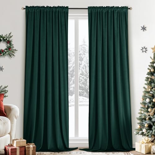 Yakamok Velvet Curtains 84 inches 2 Panels - Luxury Blackout Curtains for Bedroom Living Room Thermal Insulated Super Soft Window Drapes Rod Pocket, Dark Green, W52 x L84 inches
