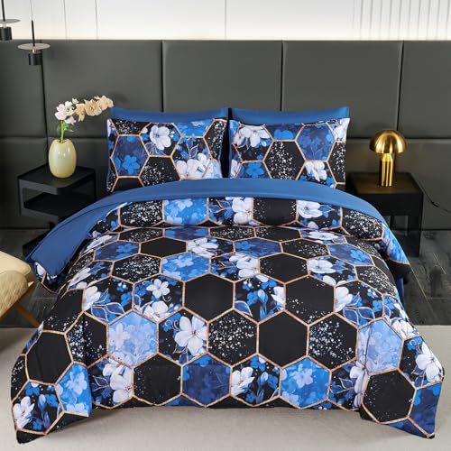 ZRNBAST King Comforter Set 7 Pieces Blue Floral Bedding Set, Geometric Bed in A Bag with Sheets and Pillowcases, Soft Microfiber Complete Bedding Sets for All Season(Blue Floral,King)