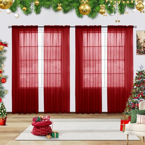 youleyar Solid Sheer Rod Pocket Curtain Voile Draperies 4 Panels White Beige Black Grey Ivory 52 Inch Width 63 Inch Long 1 Pair for Kitchen Bedroom Children Living Room Yard(Christmas Red,52 W???63 L)