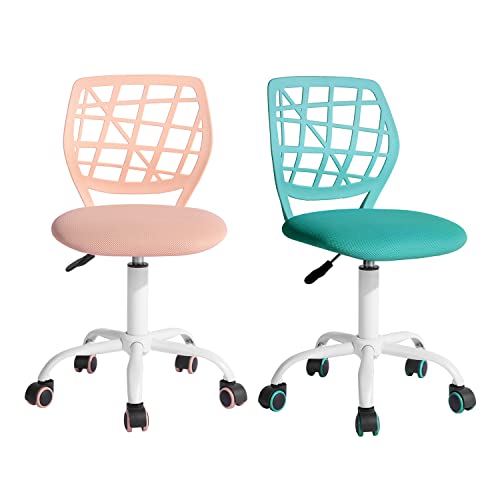 FurnitureR Desk Chair Office Chair Fabric Seat Ergonomic Study Chair without Armrest, Adjustable Height Swivel Chair, set of 2,Aqua+Light pink,I