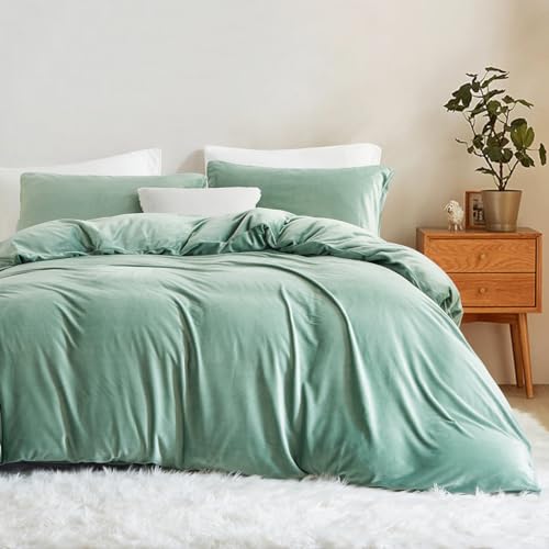 Lanqinglv Flannel Fleece Bed Linen 135 x 200 cm Green Light Green Plush Fluffy Winter Bed Linen Warm Cashmere Touch Flannelette Plain Duvet Cover with Zip and Pillowcase 80 x 80 cm