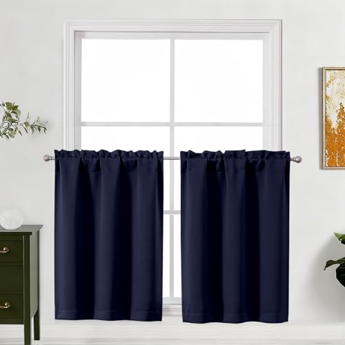 "Lecloud Navy Blue Kitchen Curtains 30 Inch Length 2 Pcs, Privacy Modern Room Darkening Short Curtains, Thermal Insulated Drapes with Rod Pockets for Cafe Laundry Room Bedroom, Each Panel 30"" W x 30"" L"