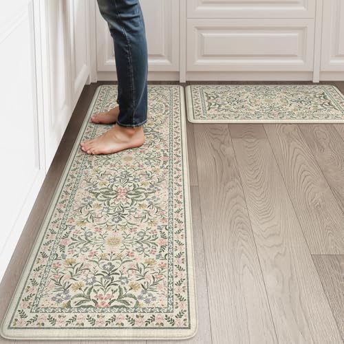 "Collive Kitchen Mats for Floor Cushioned Anti Fatigue, Beige Kitchen Rugs - Washable Kitchen Standing Mat Set Non Slip Waterproof Sink Rug for Bathroom Office Home Decor, 17.3""x29""+17.3""x59"""
