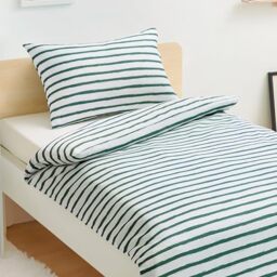 Amazon Basics Reversible Microfibre Cot Bed Duvet Cover Set, 100 x 135 cm & 1 Pillowcase 40 x 60 cm, Green Stripes