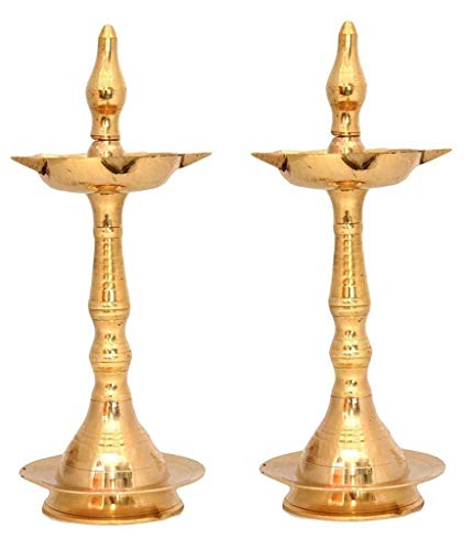 NOBILITY Brass Oil Lamp Diya 10 Inch Kerala Traditional Samai Deepak Lamp Kutthu vilakku Panchmahal Deepam for Pooja Mandir Diwali Indian Gift Items Puja Set Pack of 02