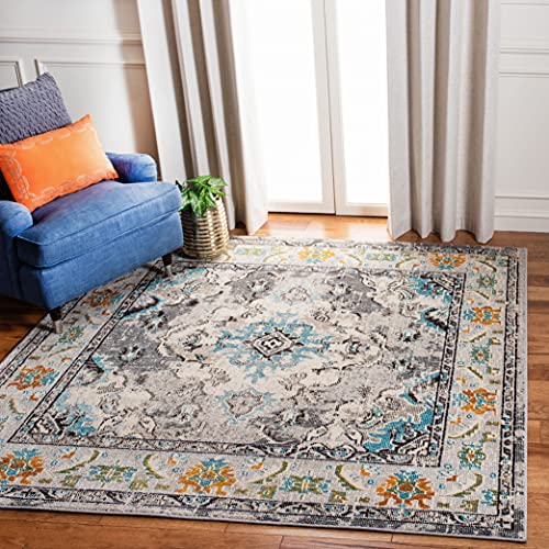 Safavieh Boho Rug for Living Room, Dining Room, Bedroom - Monaco Collection, Short Pile, in Grey and Light Blue, 120 x 120 cm