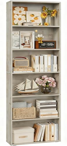 IRONCK Bookcase, 6 Tier Bookshelf, Open Storage Shelf, Tall Shelving Unit, Free Standing Display Shelf for Living Room, Home Office, Dinning Room, 60x23.5x180cm (Beige Maple)