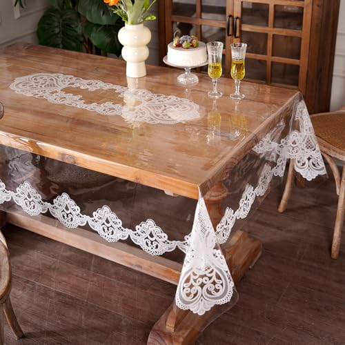 Artbloss Clear Table Cover Protector Vinyl Table Cloth Rectangle Oil Spill Proof Vintage Rustic Plastic Table Covers for Dining Tables (White Lace, 60 x 84 Inches)