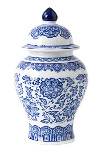 "Blue and White Ginger Jar, Ceramic Chinoiserie Decorative Jars for Home, Office, Flower Vase Pocelain, Glossy Vase for Table, Living Room, Bookshelf, Mantle Fireplace, Centerpieces, 9.8""H"