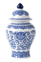 "Blue and White Ginger Jar, Ceramic Chinoiserie Decorative Jars for Home, Office, Flower Vase Pocelain, Glossy Vase for Table, Living Room, Bookshelf, Mantle Fireplace, Centerpieces, 9.8""H"
