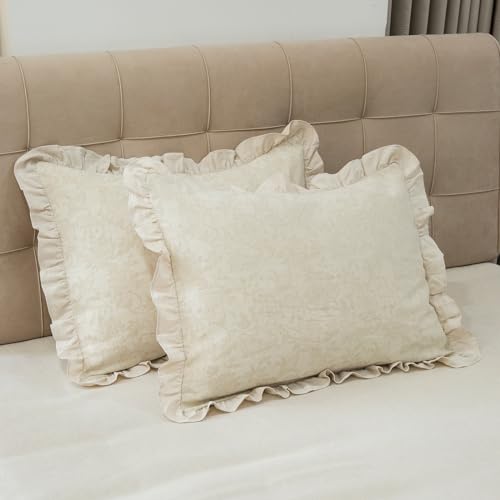 GLORY SEASON Pillow Shams Set of 2 Linen-Cotton Jacquard Fabric and Washed 100% Cotton Retro Ruffle Flounces Trim Solid Beige Decorative Pillow Cases for Home Bedroom Decor Pillow Covers 20x26 Inch