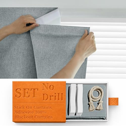 100% Blackout Self Adhesive Curtains Portable Curtain Simple and Easy to install Bedroom Window Thermal Lnsulated Kitchen Room Darkening Black Small Drapes, W35 x L72 inch, 1 Panel, Light Grey