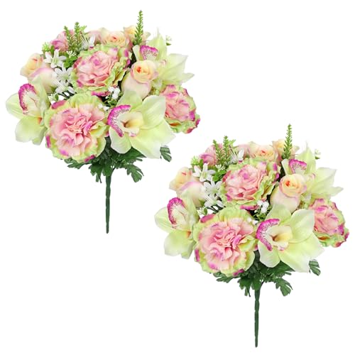 Briful Artificial Flowers Bouquet - 2 Pack Faux Silk Floral Arrangement Fake Carnations Roses Orchid Mixed Flower for Home Office Room Vase Memorial Grave Outdoor Decor