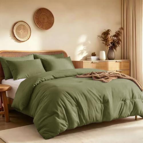 "Quataly Full Comforter Set Prewashed Lightweight Quilted Bedding, All Season Breathable Down Alternative Solid Olive Green Comforter (82""x86"") with 2 Pillowcases"