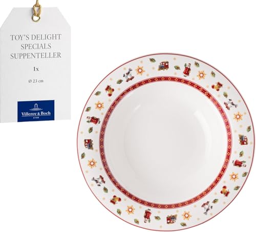 Villeroy & Boch Toy's Delight Specials Soup Plate - Deep Dish for Soups, Salads and Pasta - Christmas Tableware, 23 cm ??, Porcelain, Dishwasher and Microwave-Safe, White/Red