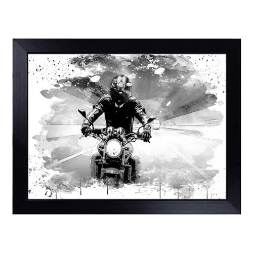 Lap Tray with Bean Bag Cushion, Motorbike Rider V4 Modern - Handmade in the UK, Raised Wooden Edge, Padded Cushion, Heat-Resistant Wipe-Clean Surface, for Meals, Laptops and Crafts