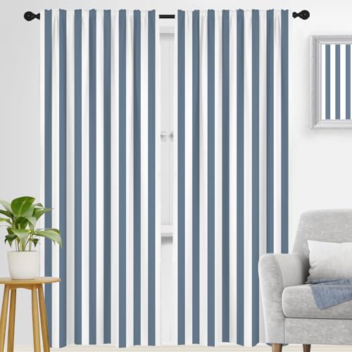 "zokyer Blue Striped Window Curtain Long Farmhouse Patterned White Simple Trendy Art Modern Retro Rustic Neutral 42"" W x 84"" L for Bedroom Living Room 2 Panels Rod Pocket Drapes"